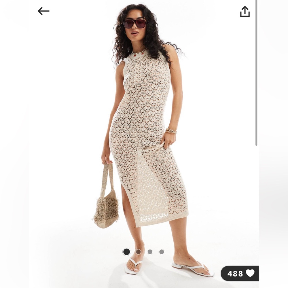 ASOS • JDY • Open Crochet Midi Tank Dress • Stone • Size M